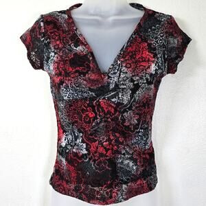 Vintage Y2K Star CCC Top Women's M Red Black Sheer Lace Ruched Crop Whimsigoth